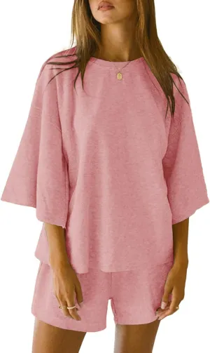 JAWINT Womens 2 Piece Sets Outfits Casual 3/4 Sleeve Tops Oversized Shirts Elastic Waist Shorts Lounge Pajama Sets