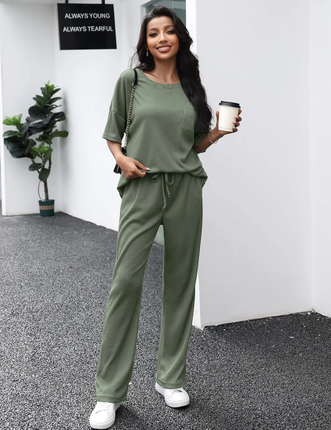 JiniGolla Womens Pajama Sets Waffle Knit Short Sleeve Shirt with Long Pajama Pants Soft Sleepwear Pj Lounge Sets