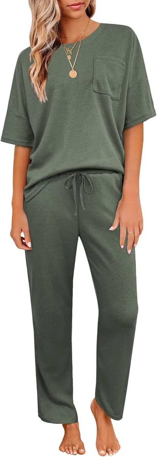 JiniGolla Womens Pajama Sets Waffle Knit Short Sleeve Shirt with Long Pajama Pants Soft Sleepwear Pj Lounge Sets