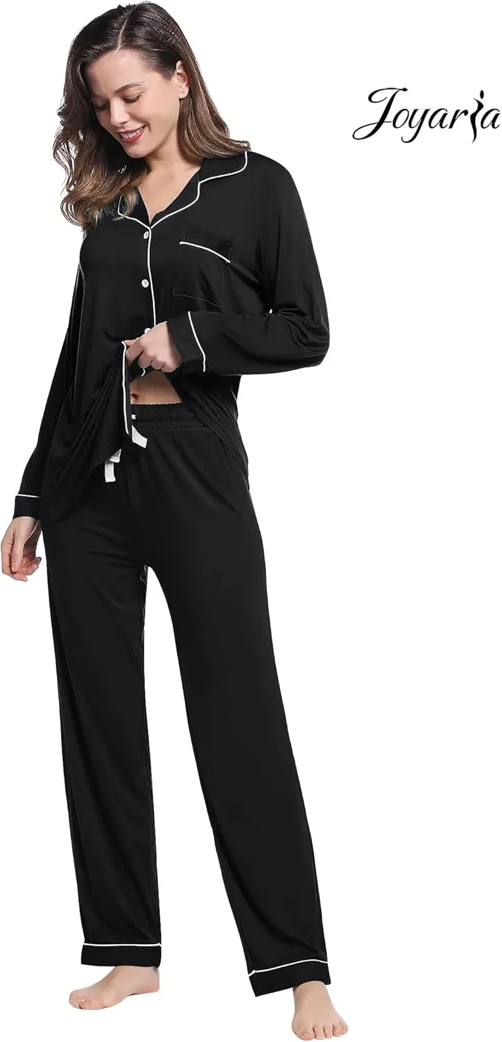 Joyaria Womens Bamboo Viscose Pajama Sets Long Sleeve Button Down Cooling Sleepwear Soft Comfortable Pj Pants Set for Women