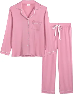 Joyaria Womens Bamboo Viscose Pajama Sets Long Sleeve Button Down Cooling Sleepwear Soft Comfortable Pj Pants Set for Women