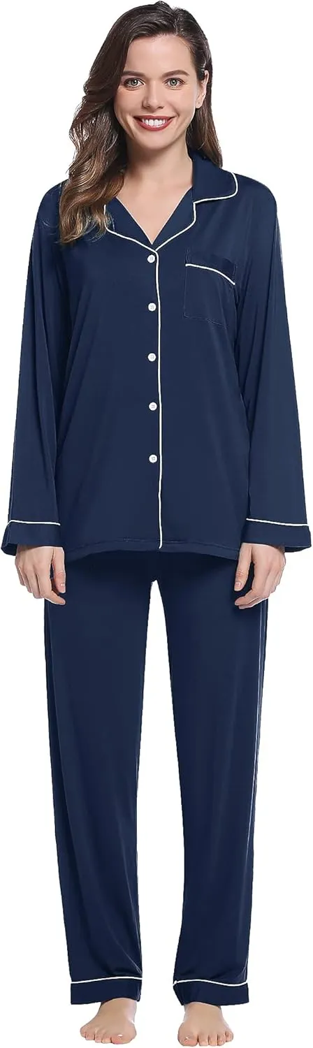 Joyaria Womens Bamboo Viscose Pajama Sets Long Sleeve Button Down Cooling Sleepwear Soft Comfortable Pj Pants Set for Women