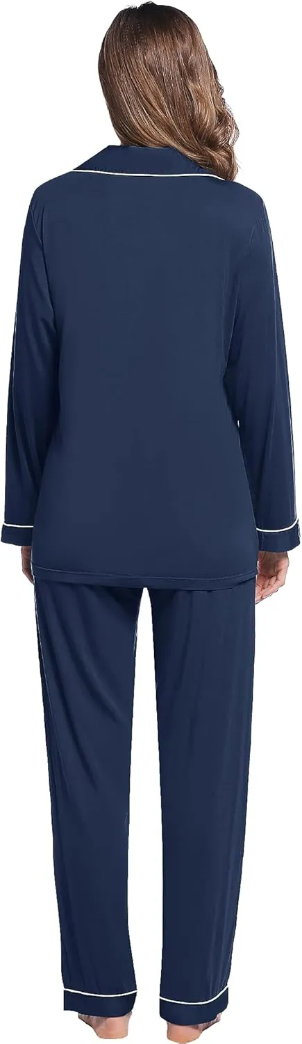 Joyaria Womens Bamboo Viscose Pajama Sets Long Sleeve Button Down Cooling Sleepwear Soft Comfortable Pj Pants Set for Women