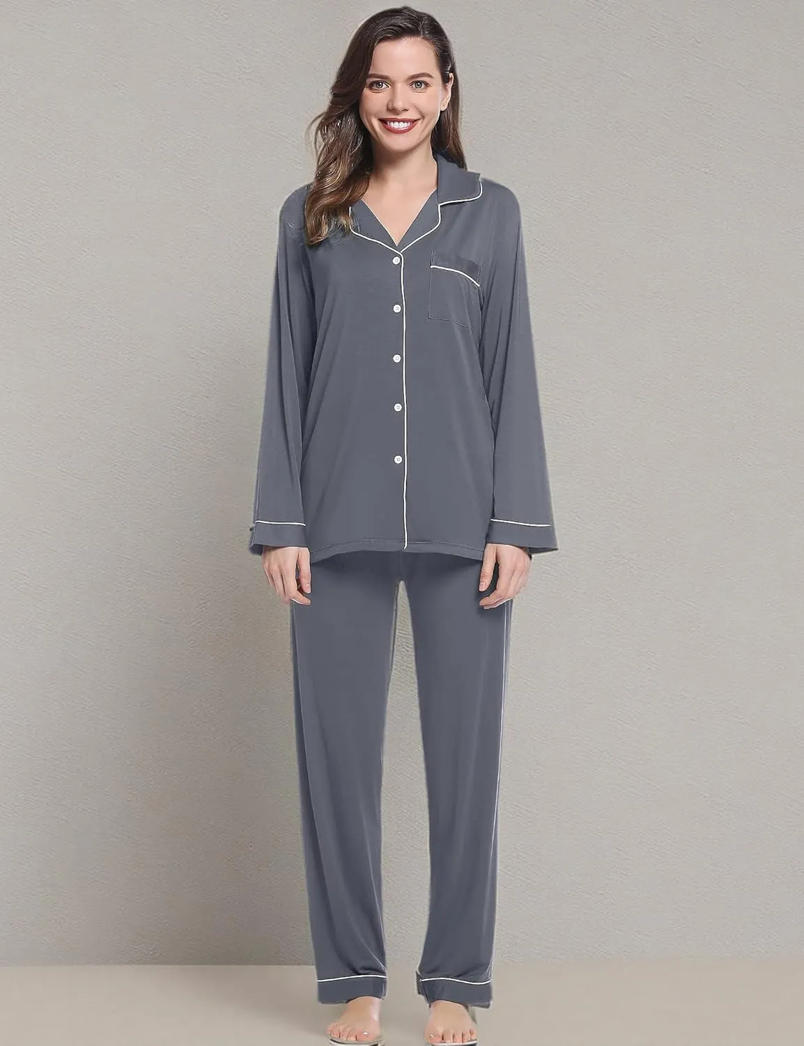 Joyaria Womens Bamboo Viscose Pajama Sets Long Sleeve Button Down Cooling Sleepwear Soft Comfortable Pj Pants Set for Women