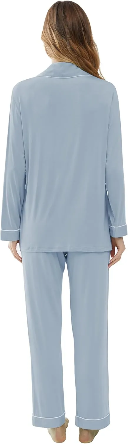 Joyaria Womens Bamboo Viscose Pajama Sets Long Sleeve Button Down Cooling Sleepwear Soft Comfortable Pj Pants Set for Women