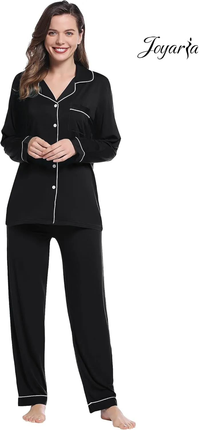 Joyaria Womens Bamboo Viscose Pajama Sets Long Sleeve Button Down Cooling Sleepwear Soft Comfortable Pj Pants Set for Women