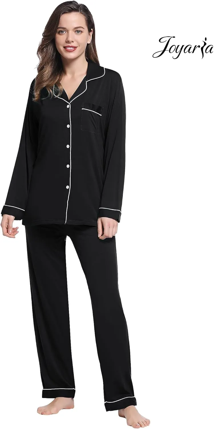 Joyaria Womens Bamboo Viscose Pajama Sets Long Sleeve Button Down Cooling Sleepwear Soft Comfortable Pj Pants Set for Women
