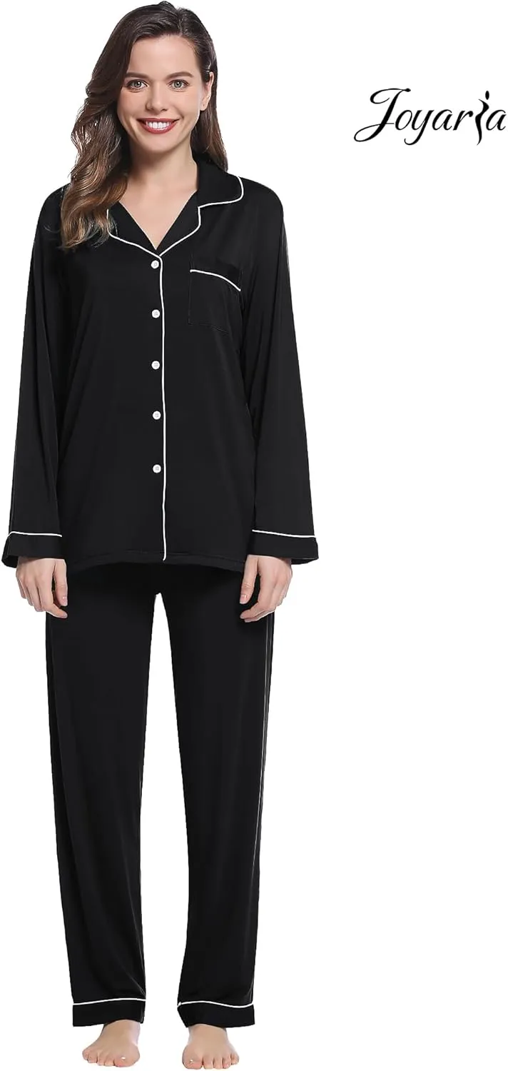 Joyaria Womens Bamboo Viscose Pajama Sets Long Sleeve Button Down Cooling Sleepwear Soft Comfortable Pj Pants Set for Women
