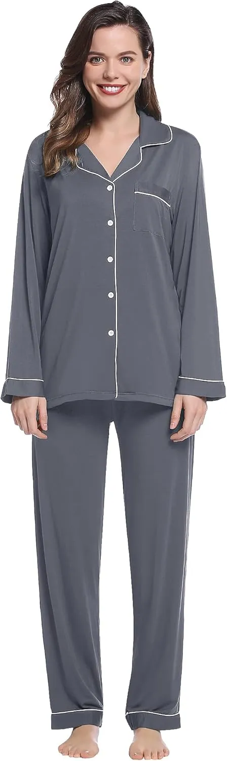 Joyaria Womens Bamboo Viscose Pajama Sets Long Sleeve Button Down Cooling Sleepwear Soft Comfortable Pj Pants Set for Women