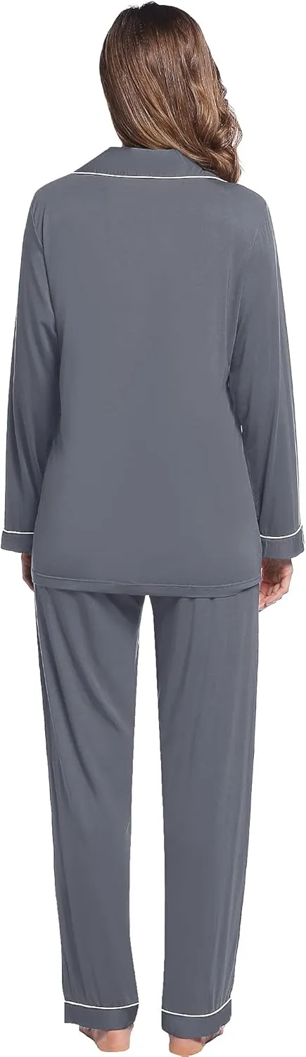 Joyaria Womens Bamboo Viscose Pajama Sets Long Sleeve Button Down Cooling Sleepwear Soft Comfortable Pj Pants Set for Women