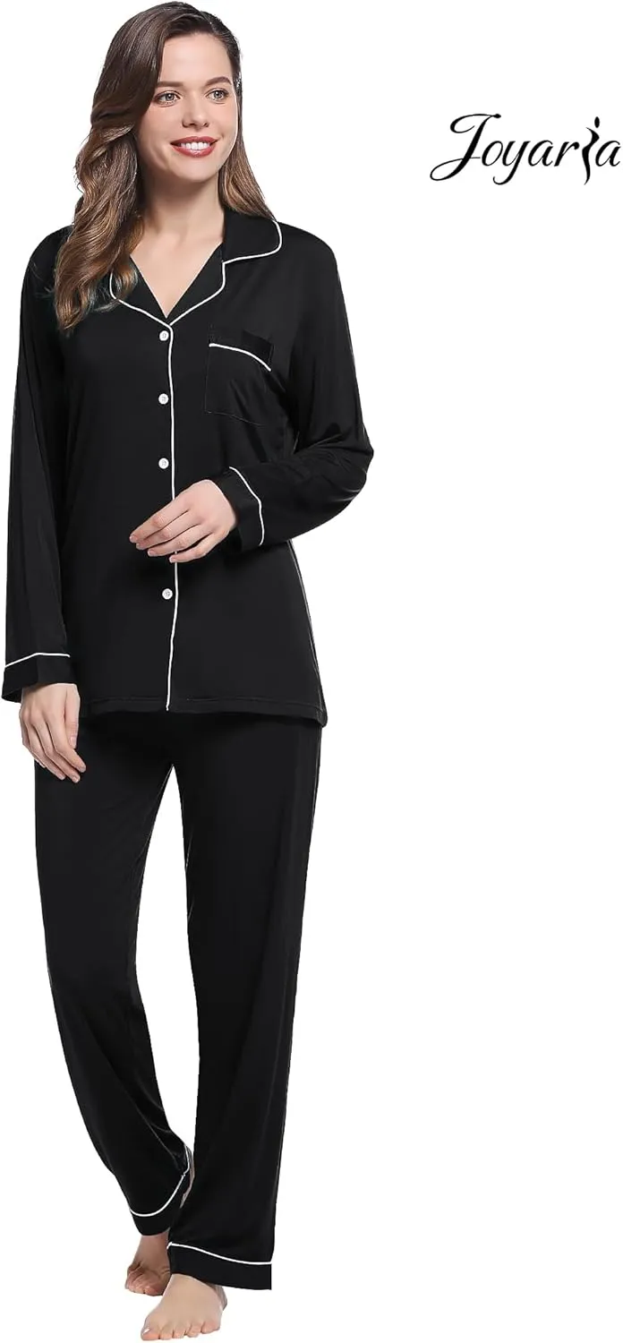 Joyaria Womens Bamboo Viscose Pajama Sets Long Sleeve Button Down Cooling Sleepwear Soft Comfortable Pj Pants Set for Women