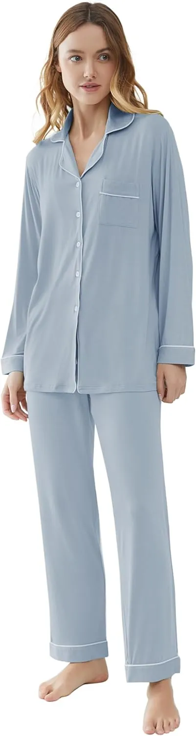 Joyaria Womens Bamboo Viscose Pajama Sets Long Sleeve Button Down Cooling Sleepwear Soft Comfortable Pj Pants Set for Women