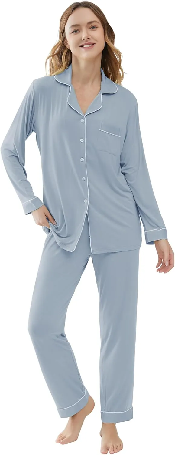 Joyaria Womens Bamboo Viscose Pajama Sets Long Sleeve Button Down Cooling Sleepwear Soft Comfortable Pj Pants Set for Women