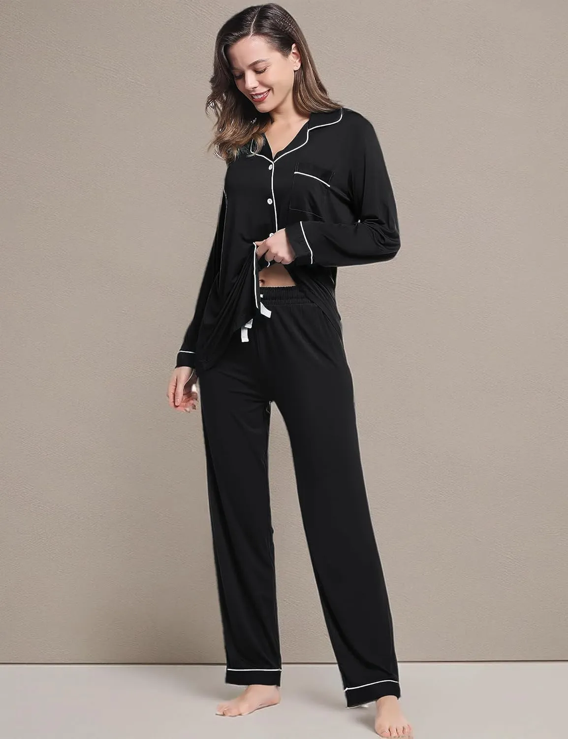 Joyaria Womens Bamboo Viscose Pajama Sets Long Sleeve Button Down Cooling Sleepwear Soft Comfortable Pj Pants Set for Women