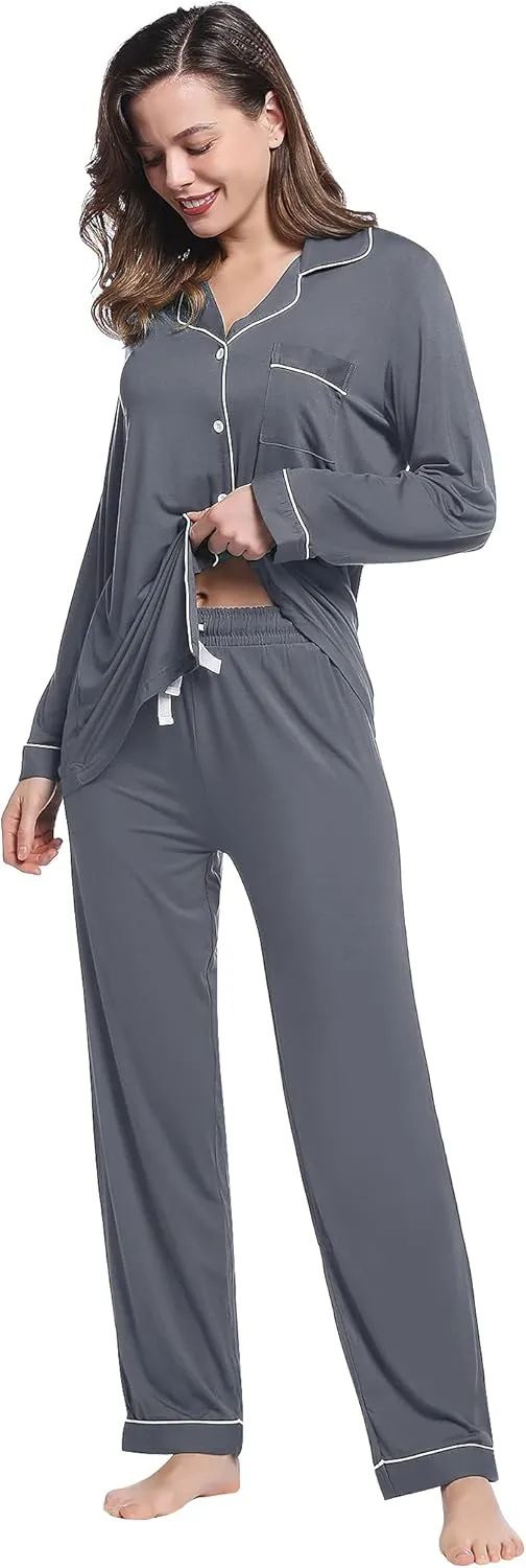 Joyaria Womens Bamboo Viscose Pajama Sets Long Sleeve Button Down Cooling Sleepwear Soft Comfortable Pj Pants Set for Women