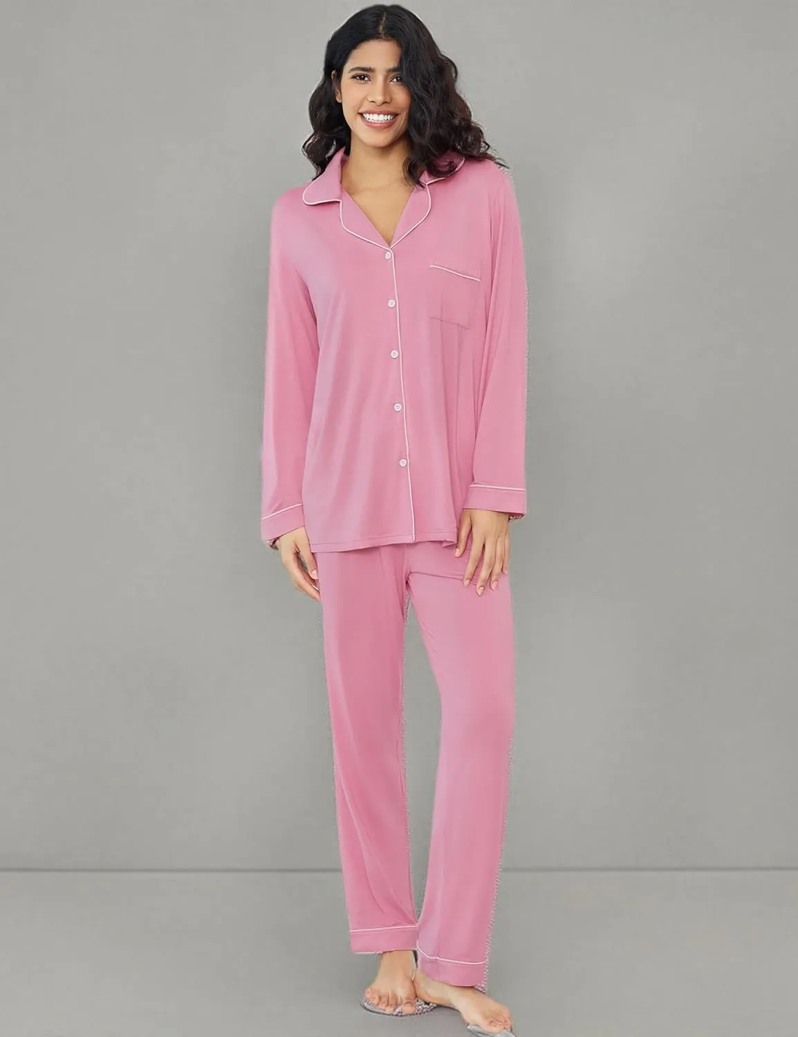 Joyaria Womens Bamboo Viscose Pajama Sets Long Sleeve Button Down Cooling Sleepwear Soft Comfortable Pj Pants Set for Women