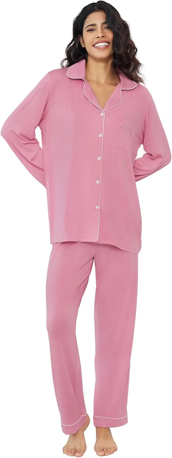 Joyaria Womens Bamboo Viscose Pajama Sets Long Sleeve Button Down Cooling Sleepwear Soft Comfortable Pj Pants Set for Women