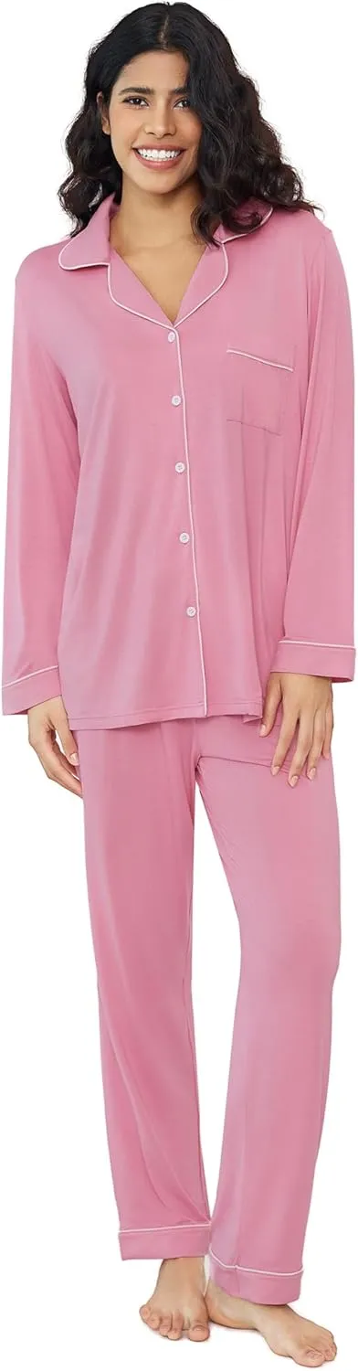Joyaria Womens Bamboo Viscose Pajama Sets Long Sleeve Button Down Cooling Sleepwear Soft Comfortable Pj Pants Set for Women