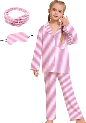 Kids Pajamas for Girls Pajama Sets 2-Piece Girls Button-down Pjs Set Soft Sleepwear Nightwear with Eye Mask Headband