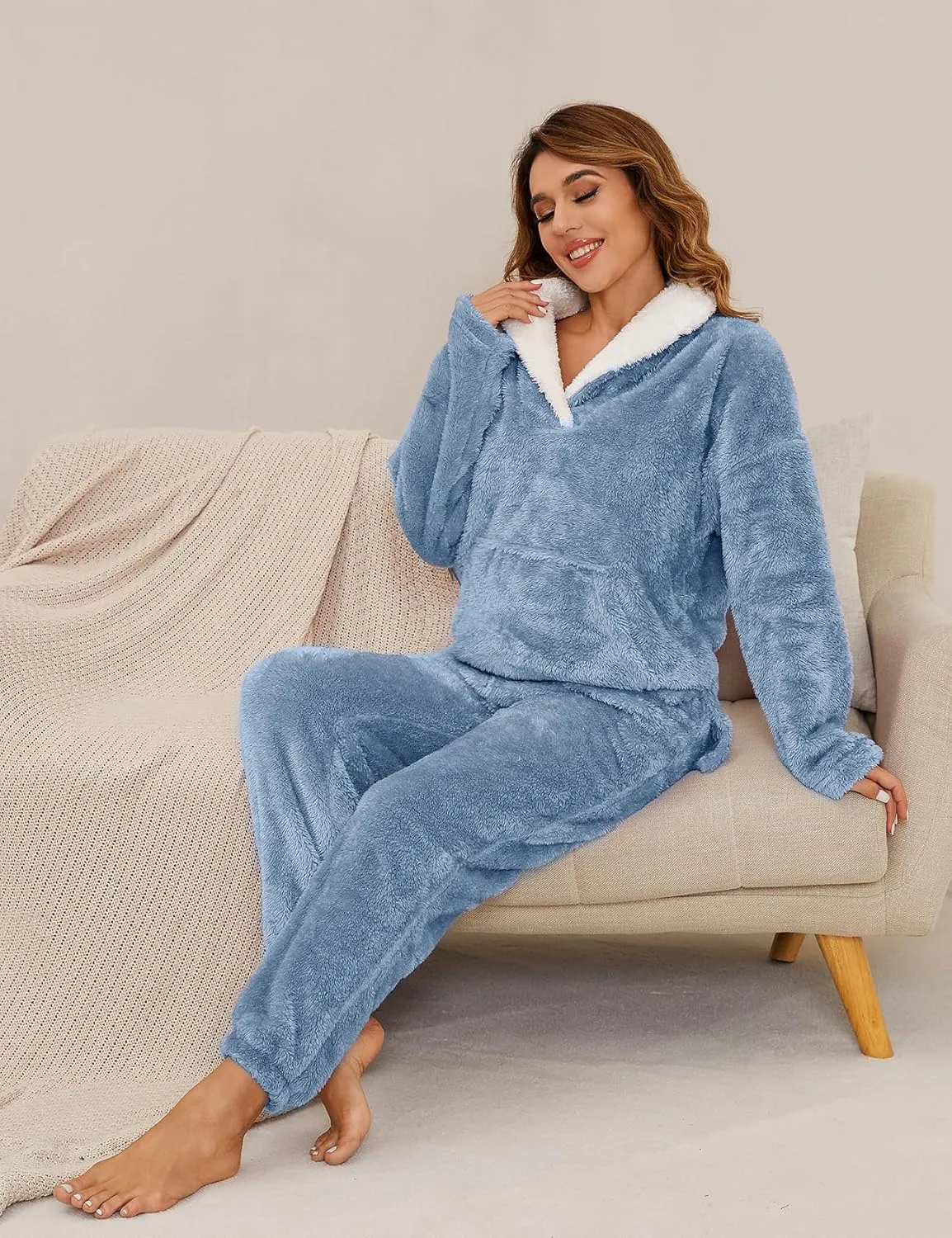 Kissonic Women's Fluffy Pajama Set Fleece Pullover Pants Fuzzy Lounge Set Cozy Winter Pj Sleepwear with Pockets