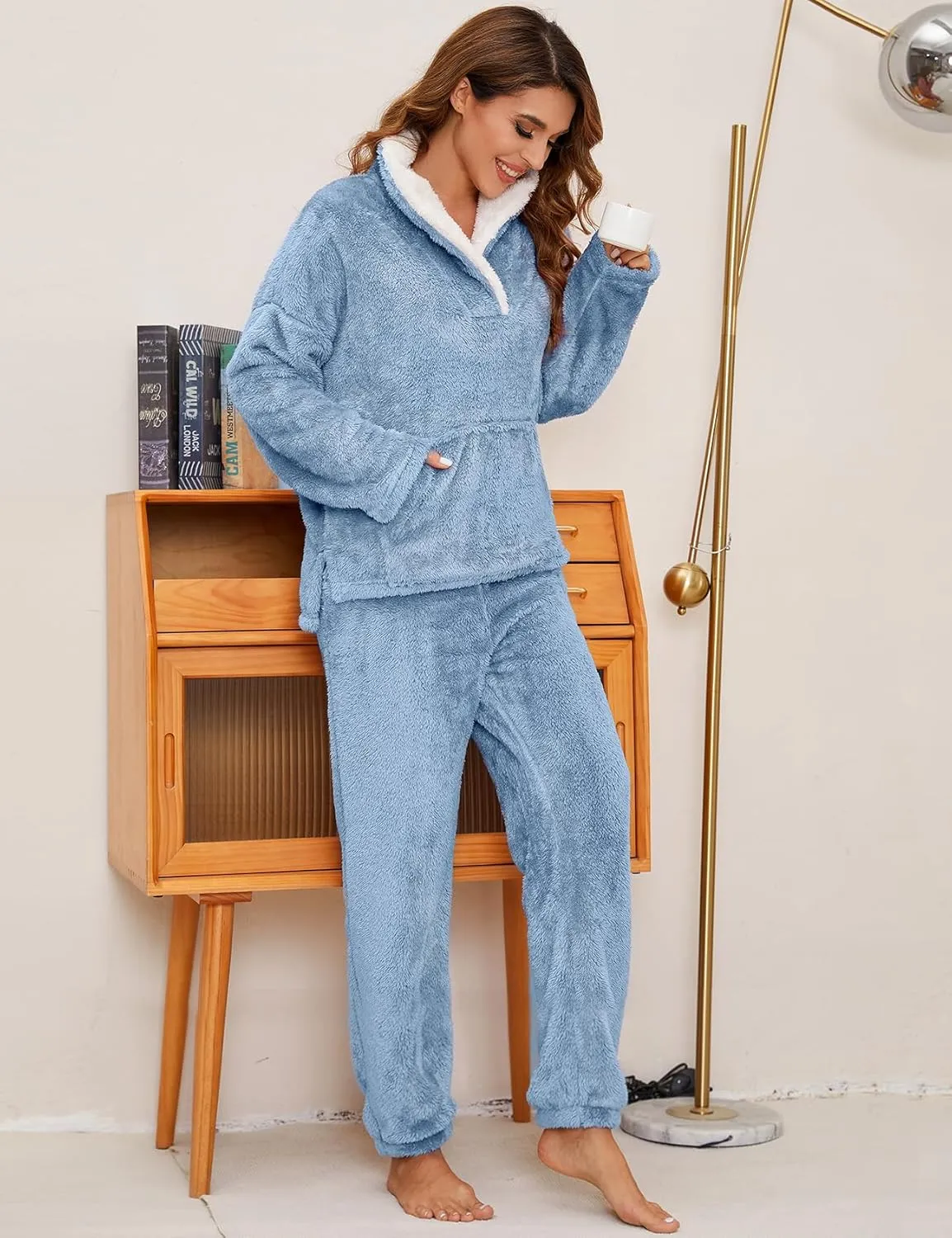 Kissonic Women's Fluffy Pajama Set Fleece Pullover Pants Fuzzy Lounge Set Cozy Winter Pj Sleepwear with Pockets