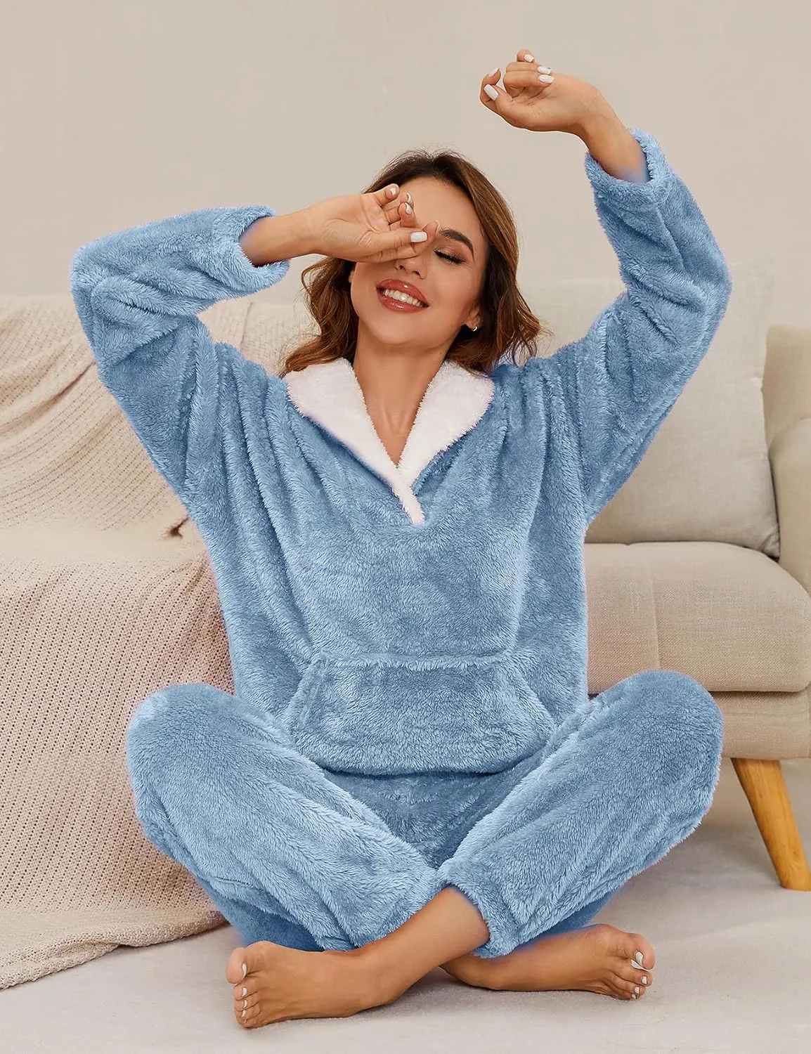 Kissonic Women's Fluffy Pajama Set Fleece Pullover Pants Fuzzy Lounge Set Cozy Winter Pj Sleepwear with Pockets