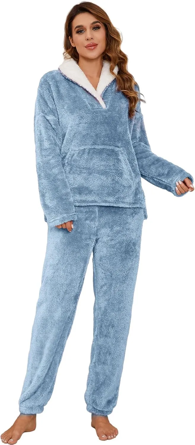 Kissonic Women's Fluffy Pajama Set Fleece Pullover Pants Fuzzy Lounge Set Cozy Winter Pj Sleepwear with Pockets
