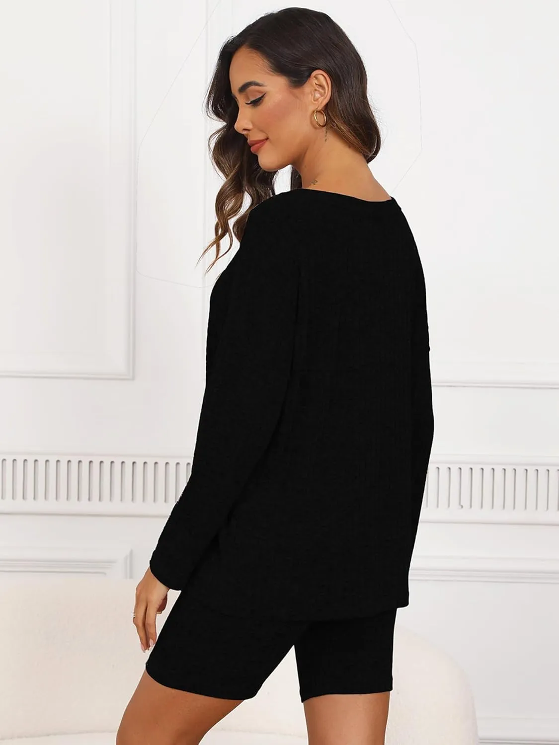 KORSIS Women's Lounge Set Ribbed Knit 2 Piece Women Set Outfit Button-up long sleeve top biker shorts Sport Loungewear Sets