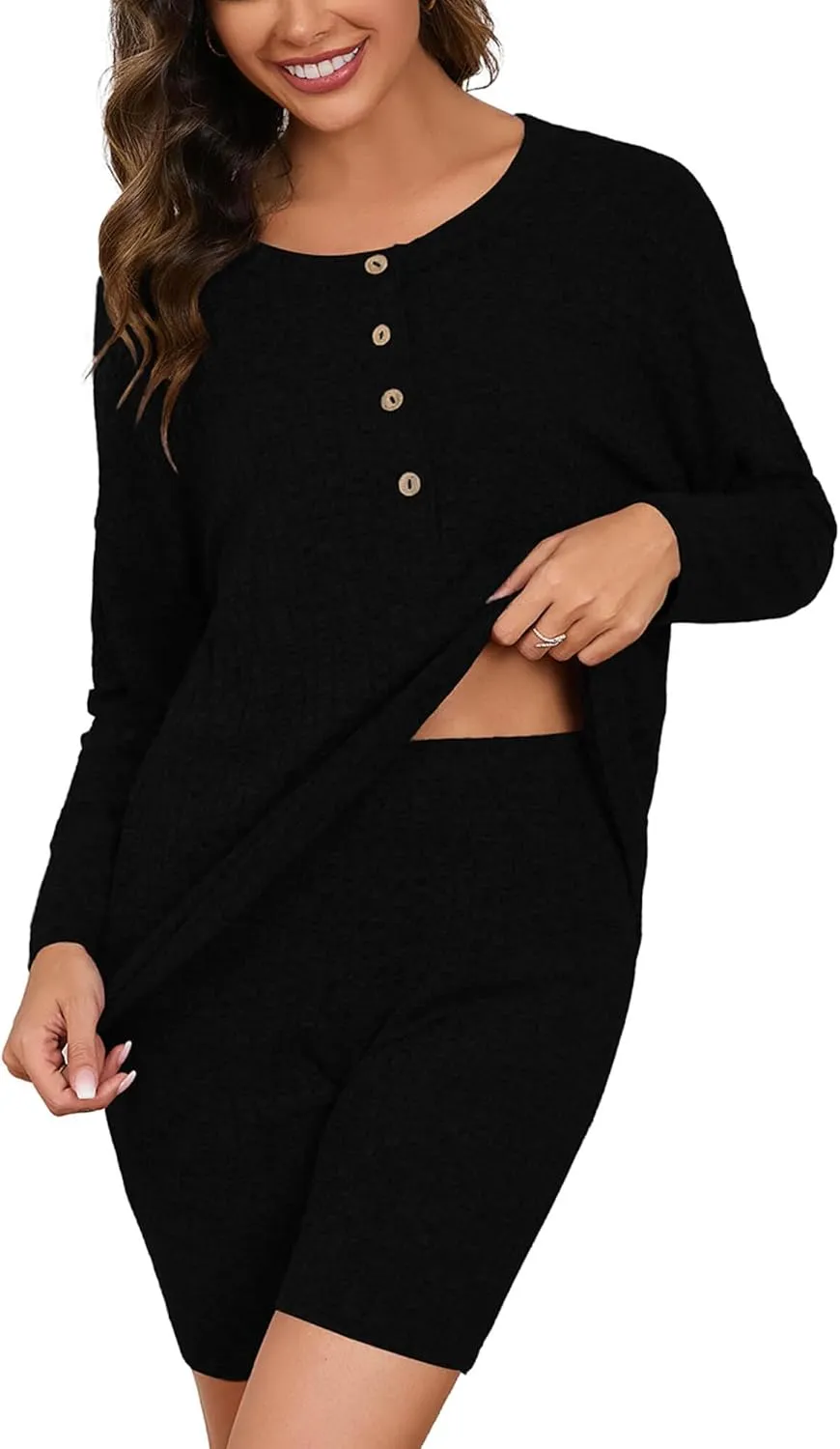 KORSIS Women's Lounge Set Ribbed Knit 2 Piece Women Set Outfit Button-up long sleeve top biker shorts Sport Loungewear Sets