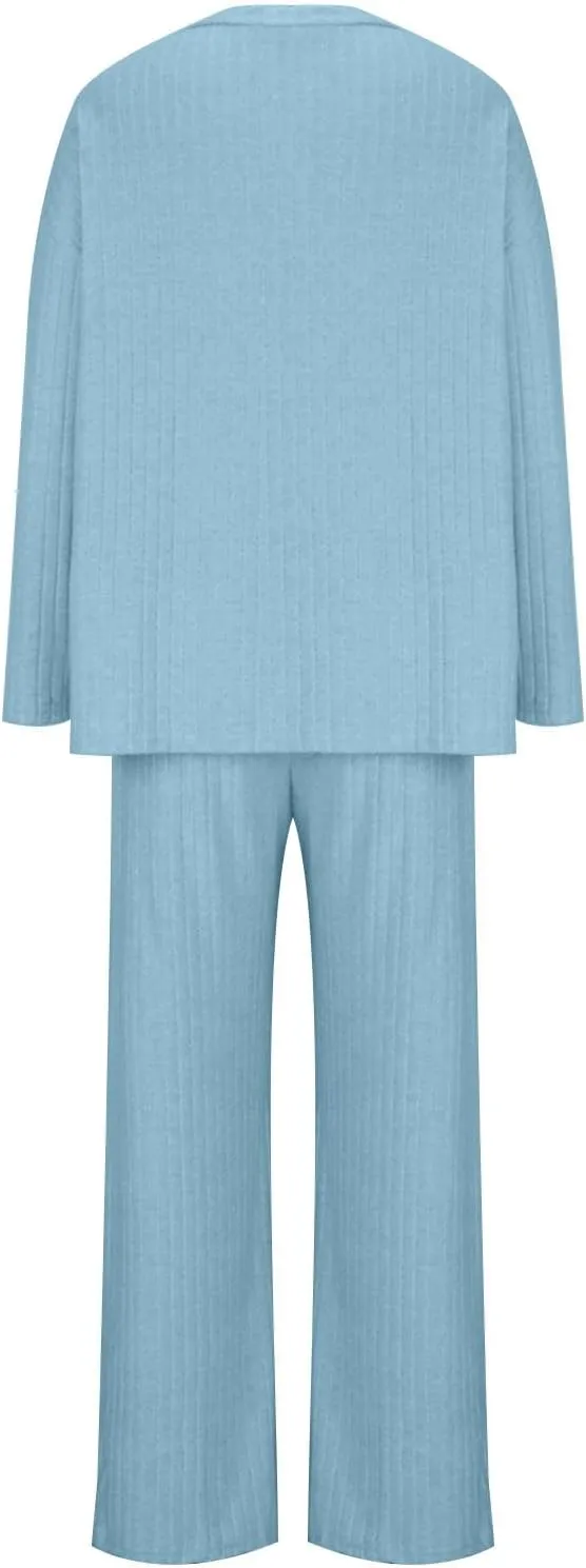 Lastesso Lounge Sets for Women Casual Cozy Pajama V Neck Loose Pullovers Tops Soft Wid Leg Trousers Comfy Homewear Suits