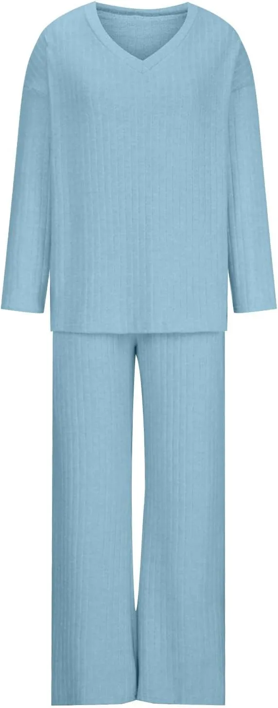 Lastesso Lounge Sets for Women Casual Cozy Pajama V Neck Loose Pullovers Tops Soft Wid Leg Trousers Comfy Homewear Suits