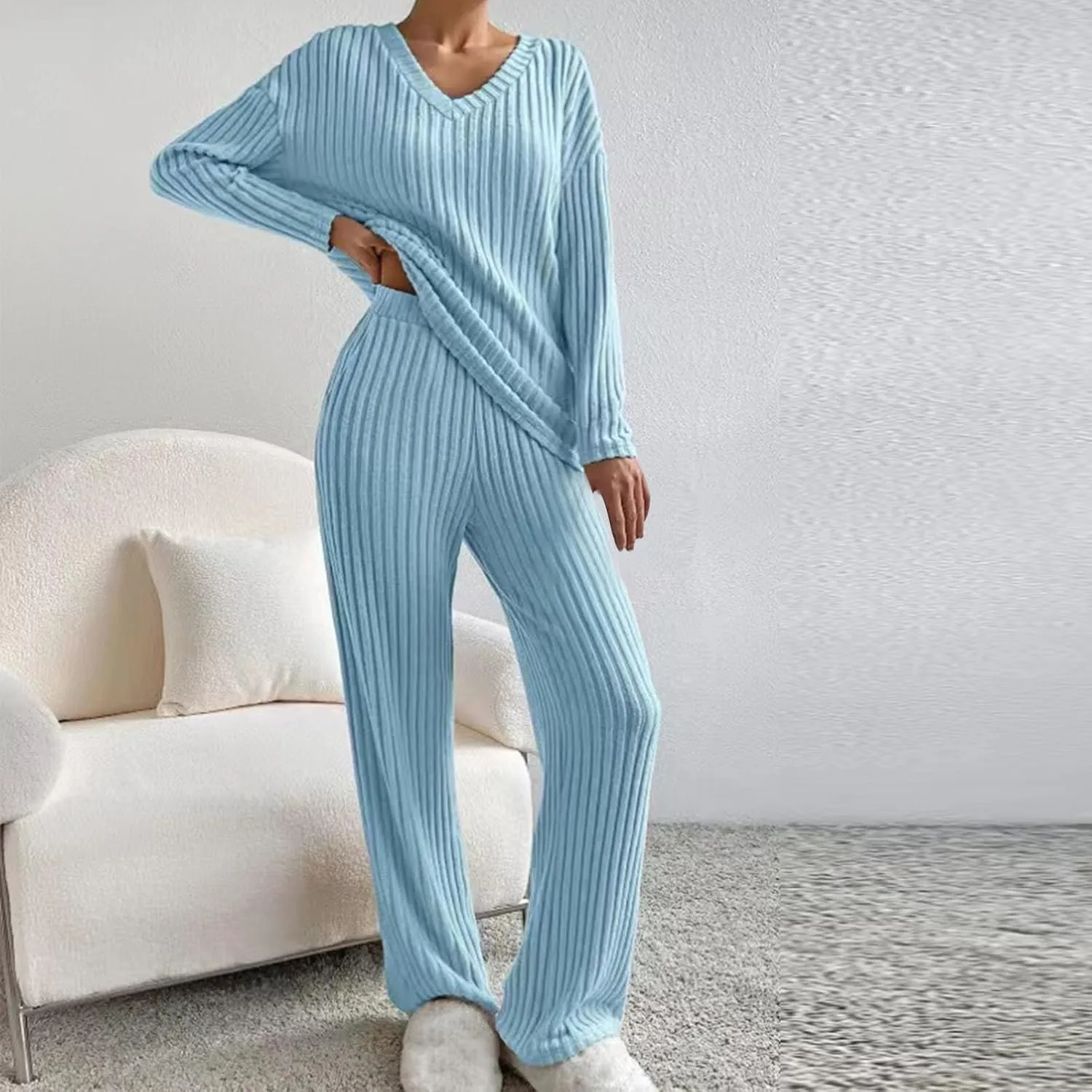 Lastesso Lounge Sets for Women Casual Cozy Pajama V Neck Loose Pullovers Tops Soft Wid Leg Trousers Comfy Homewear Suits