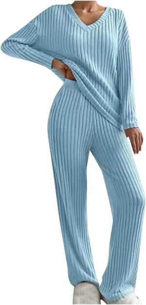 Lastesso Lounge Sets for Women Casual Cozy Pajama V Neck Loose Pullovers Tops Soft Wid Leg Trousers Comfy Homewear Suits