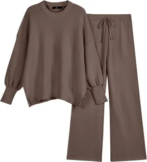 LILLUSORY Women 2 Piece Outfits Sweatsuit Oversized Knit Pullover Sweater Tops Wide Leg Pants Lounge Set