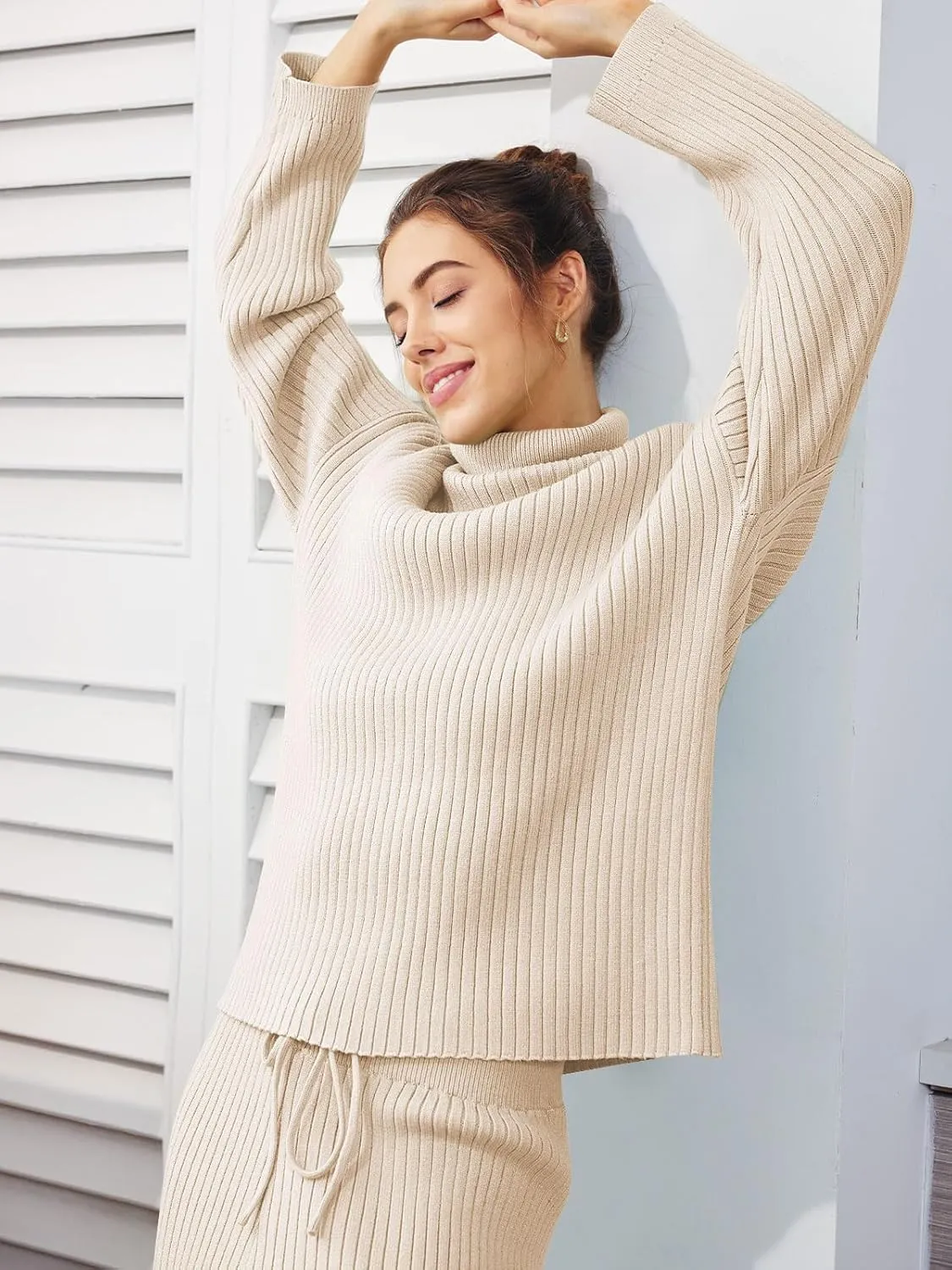 LILLUSORY Women's 2 Piece Outfits Turtleneck Sweaters Lounge Set and Wide Leg Pants Cozy Knit Sweatsuit Sets