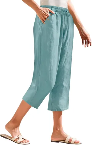 Linen Capri Pants for Women Elastic Waisted Drawstring Casual Trousers Summer Going Out Straight Leg Pants with Pocket
