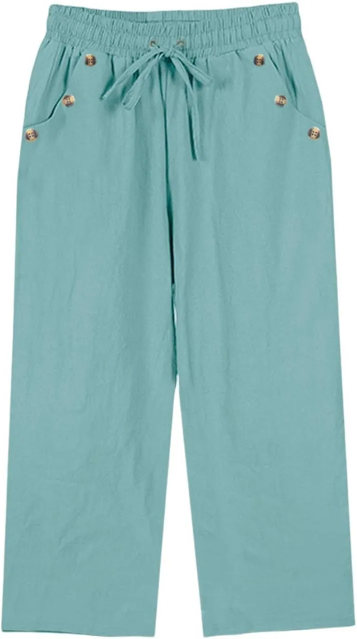 Linen Capri Pants for Women Elastic Waisted Drawstring Casual Trousers Summer Going Out Straight Leg Pants with Pocket