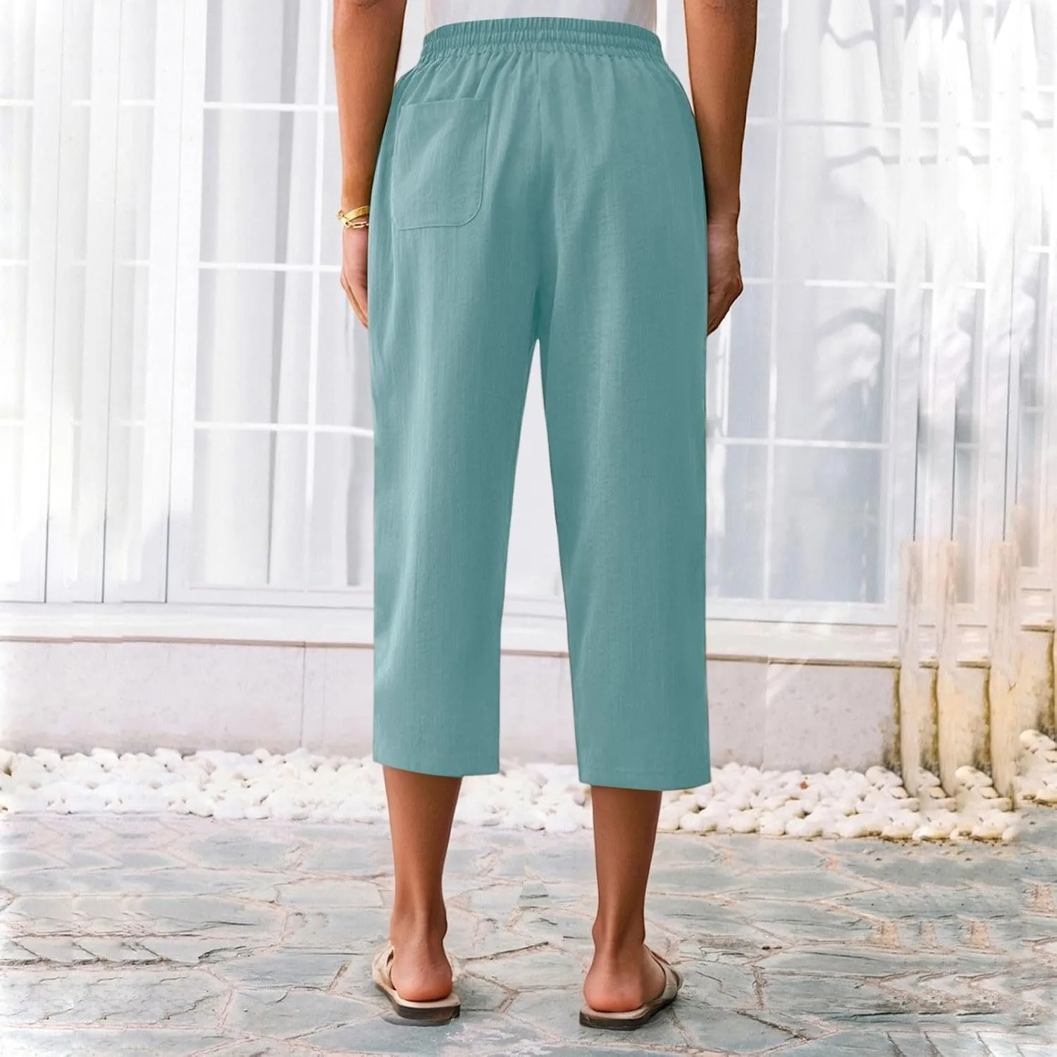 Linen Capri Pants for Women Elastic Waisted Drawstring Casual Trousers Summer Going Out Straight Leg Pants with Pocket