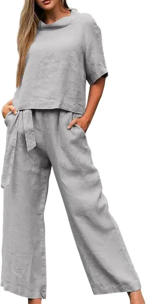 Linen Outfits for Women 2 Piece Set Summer Short Sleeve Tops Wide Leg Pants Matching Lounge Set Vacation Outfit
