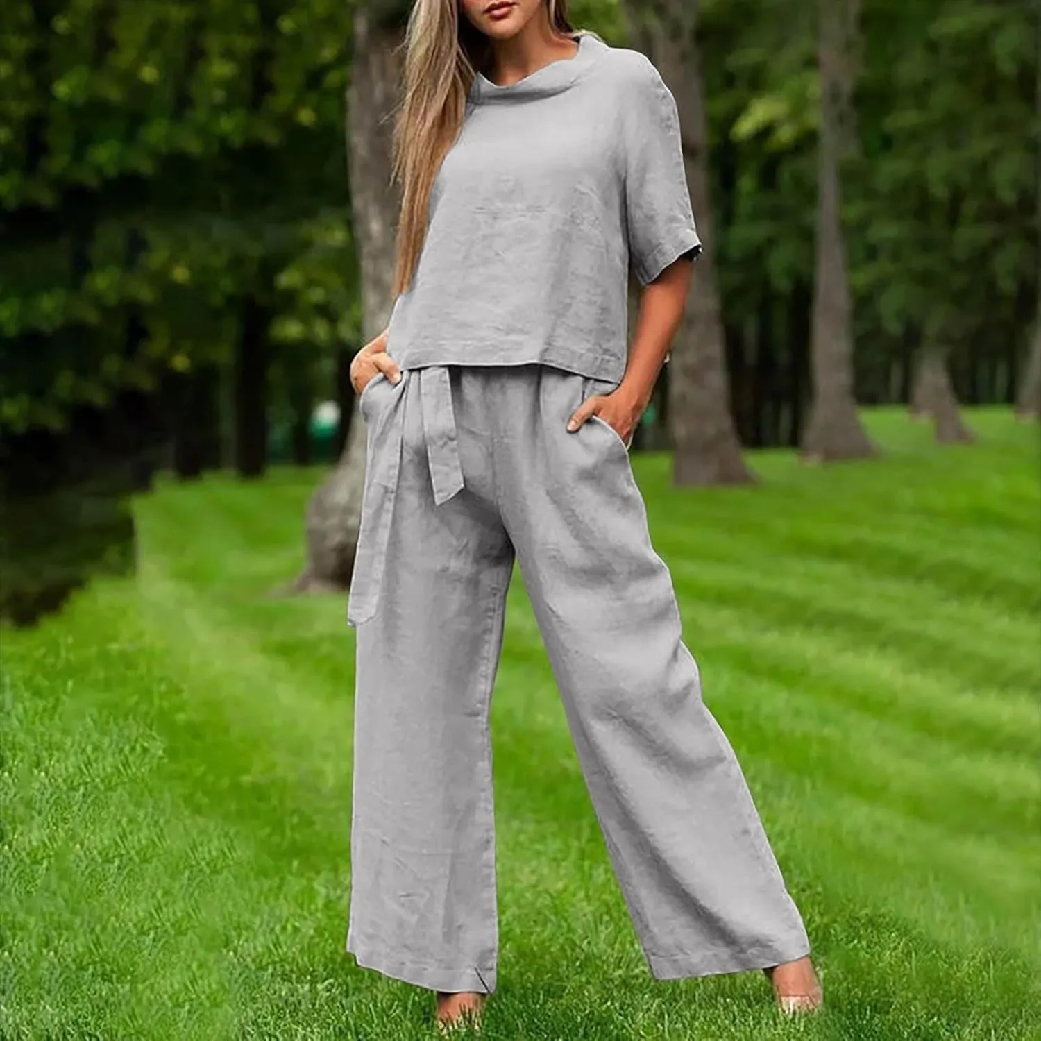 Linen Outfits for Women 2 Piece Set Summer Short Sleeve Tops Wide Leg Pants Matching Lounge Set Vacation Outfit
