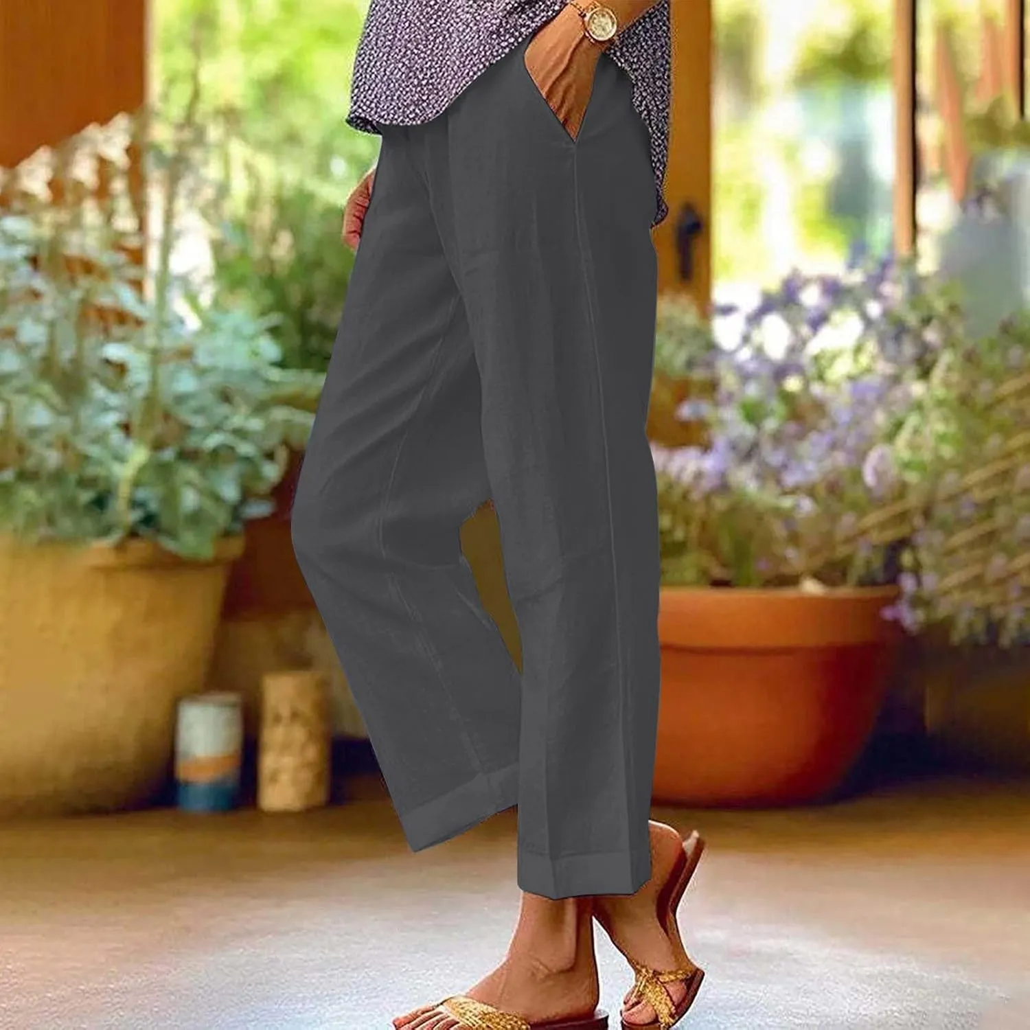Linen Pants for Women Dressy Elastic Waisted Straight Leg Lounge Trousers Petite Summer Striped Plus Size Work Slacks