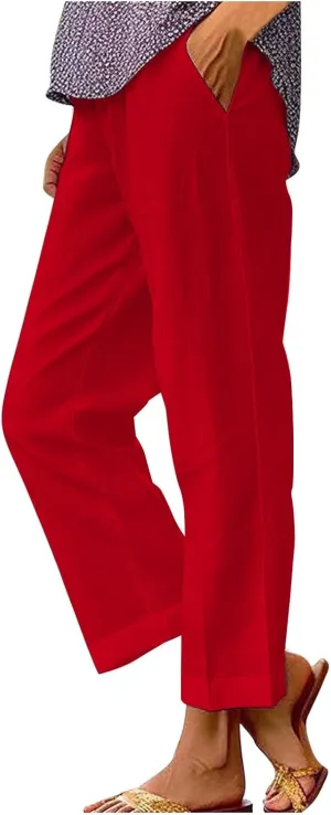 Linen Pants for Women Dressy Elastic Waisted Straight Leg Lounge Trousers Petite Summer Striped Plus Size Work Slacks