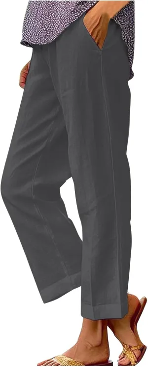Linen Pants for Women Dressy Elastic Waisted Straight Leg Lounge Trousers Petite Summer Striped Plus Size Work Slacks