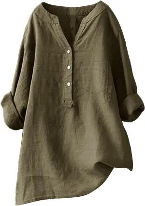 Linen Shirts for Women 2025 Summer Fashion 1/2 Sleeve Button V-Neck Tops Vacation Going Out Dressy Blouses