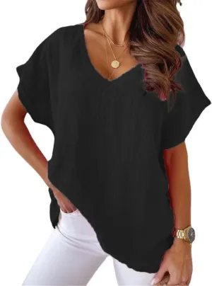Linen Shirts for Women Short Sleeve Cotton Linen Shirts Causal V-Neck Batwing Oversized T-Shirt Solid Color Loose Summer Tops