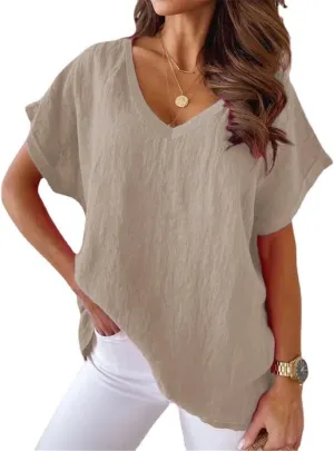 Linen Shirts for Women Short Sleeve Cotton Linen Shirts Causal V-Neck Batwing Oversized T-Shirt Solid Color Loose Summer Tops