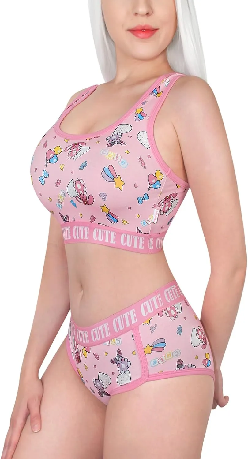 Littleforbig Women Cotton Camisole and Panties Sports Loungewear Usagi Cute & Cozy Bralette Set
