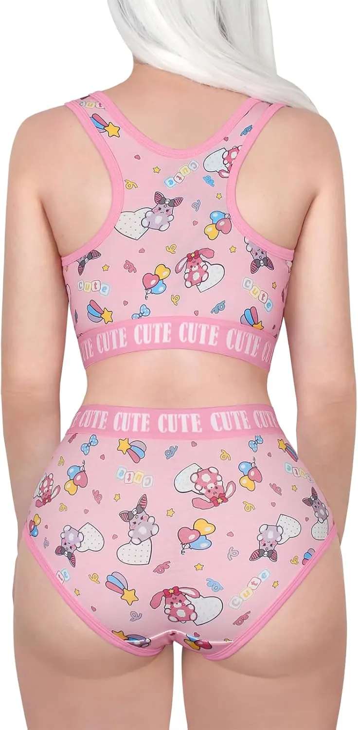 Littleforbig Women Cotton Camisole and Panties Sports Loungewear Usagi Cute & Cozy Bralette Set