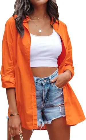 Long Sleeve Button Down Shirts for Women Oversized Casual Loose Work Office Dressy Blouses Tops