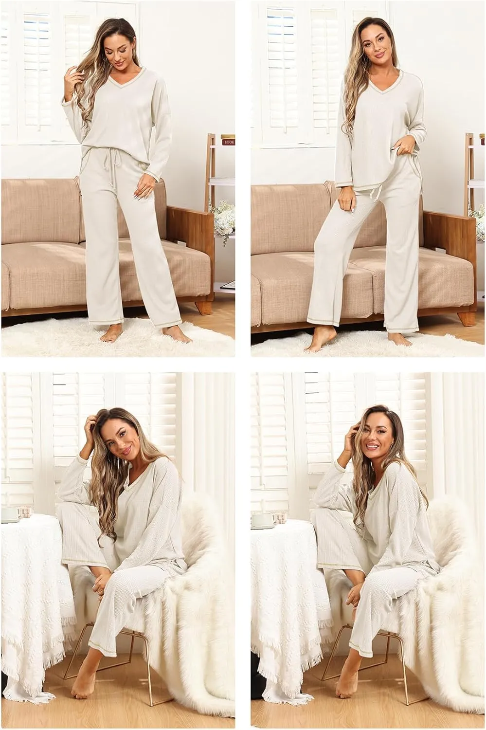 Lounge Sets for Women Waffle Knit Pajamas Set 2 Piece V Neck Top and Long Pant Cozy Sleepwear Loungewear Pjs Set